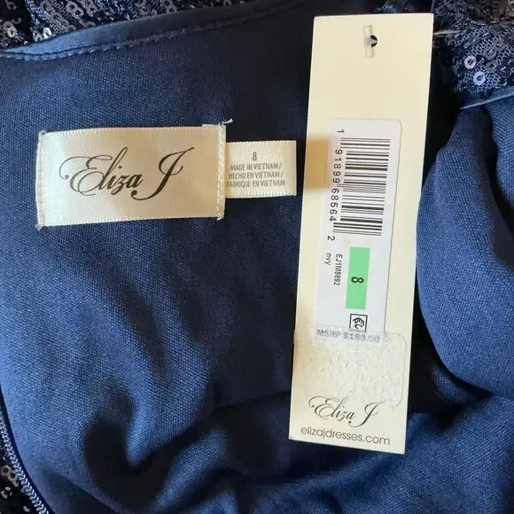 Eliza J Sequined Long Sleeve A-Line V-Neck Mini Cocktail Dress Navy Blue Size 8 - Picture 11 of 13